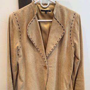 IN SUEDE tan leather jacket with brown trim NWOT